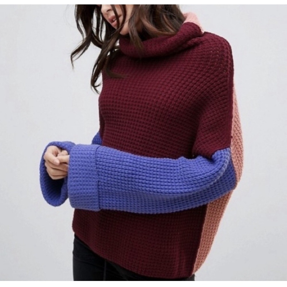 FREE PEOPLE Park City Pullover Turtleneck Chunky Color Block Sweater Wine Sz L